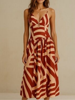 NWOT Mon Renn Surreal Midi Dress Tropico Print Red/Sand - Size M